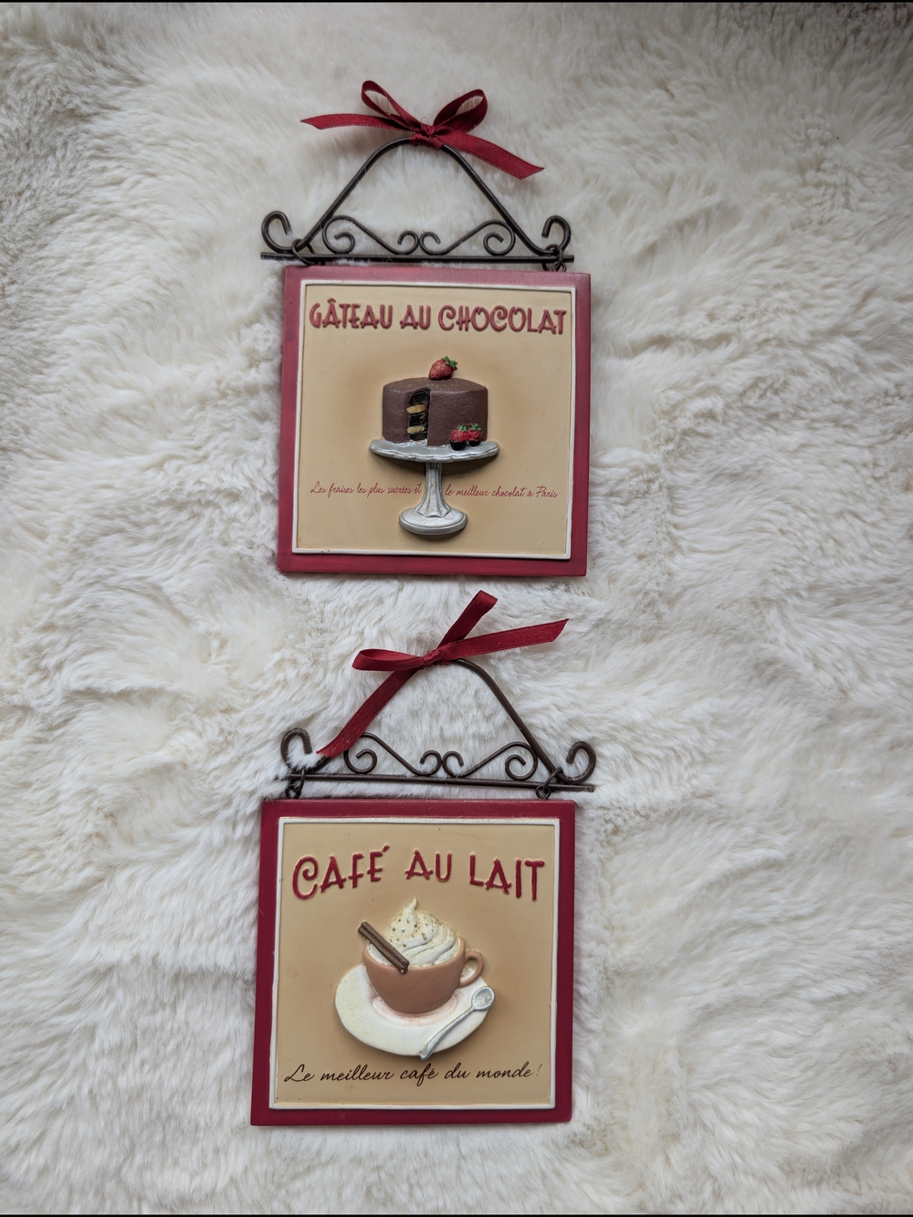 Wall Plaque Set - Red & Cream Café Au Lait and Gâteau Au Chocolat Signs